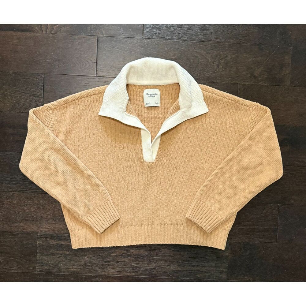 Abercrombie & Fitch Oversized Collared Sweater Small Tan Cream Preppy